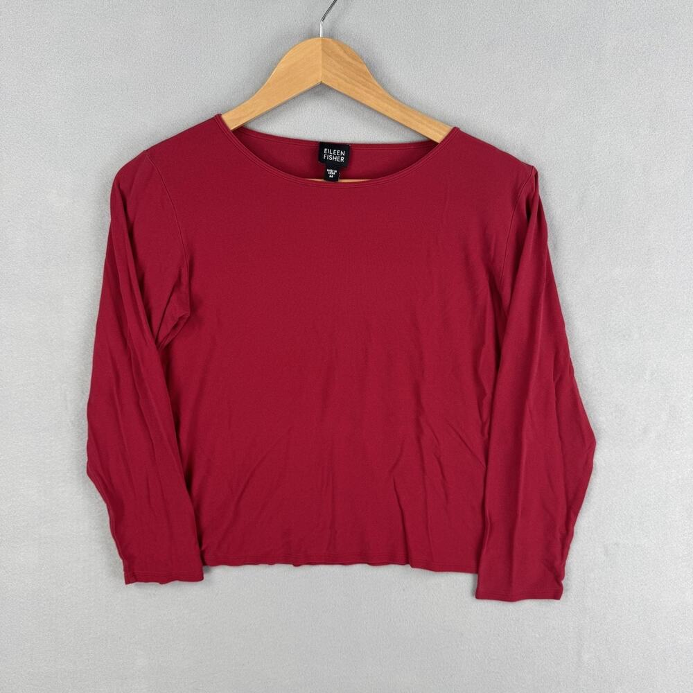 Eileen Fisher Shirt Size Medium Red 100% Silk Long Sleeve Crewneck Blouse Jersey